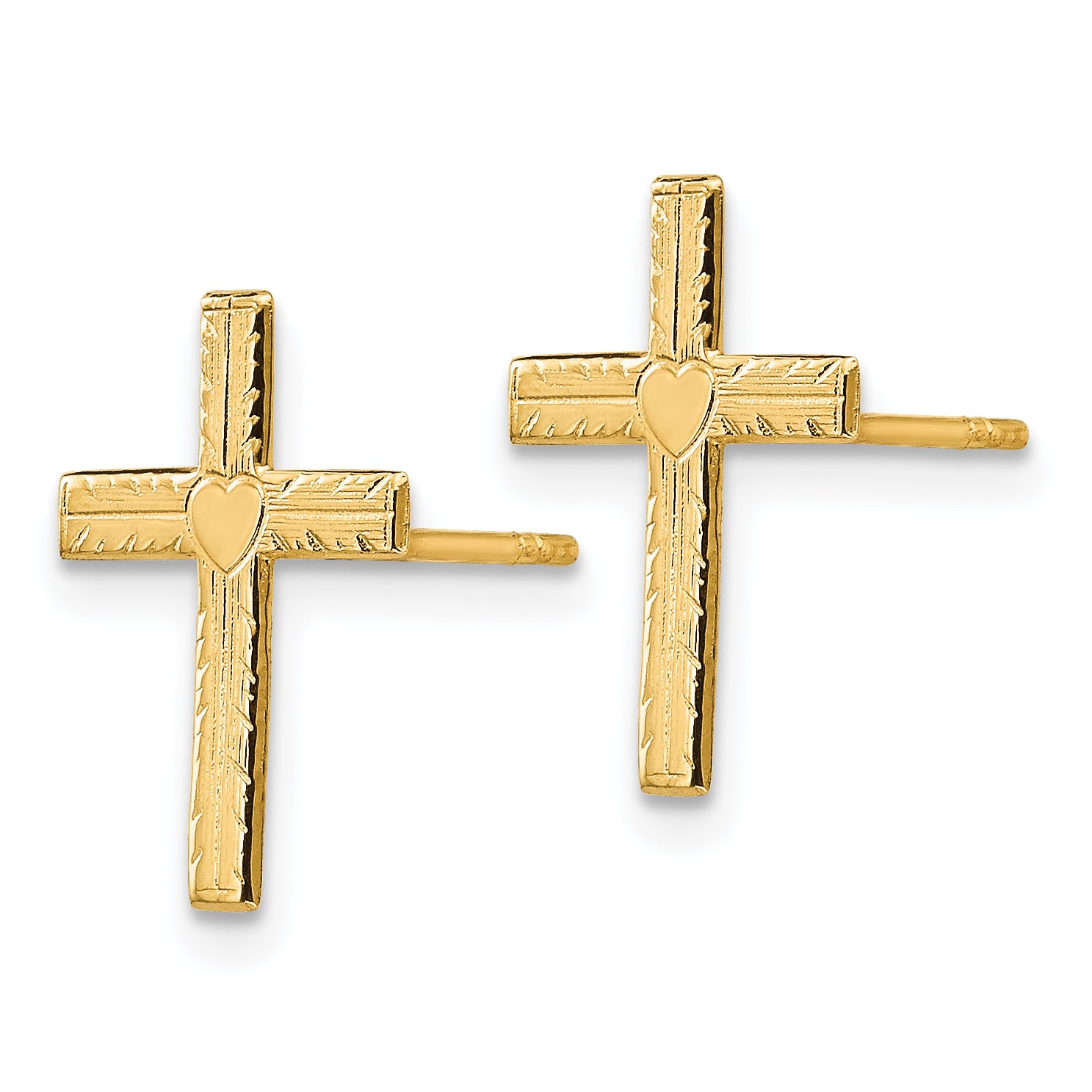 14K Gold Heart Cross Earrings with Polished Satin Finish