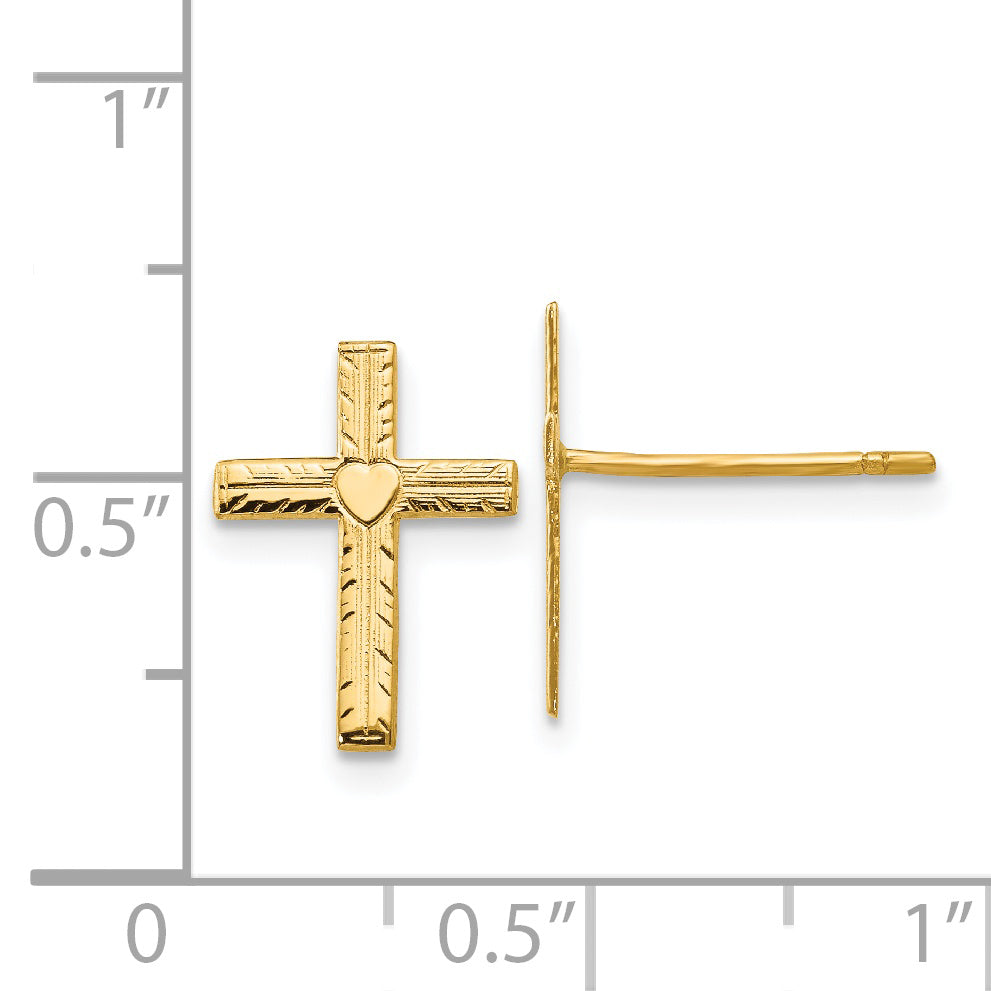 14K Gold Heart Cross Earrings with Polished Satin Finish