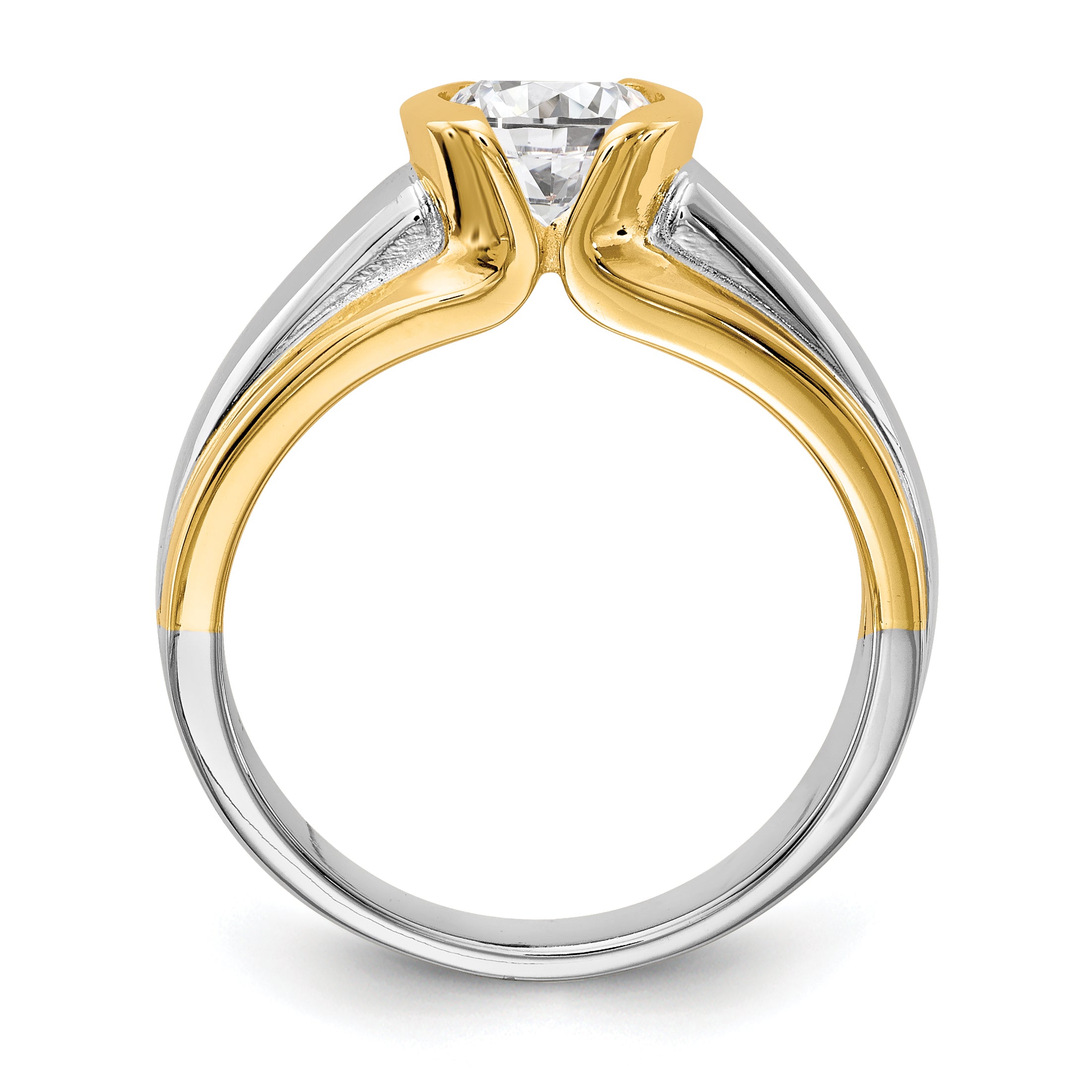 14K Two-tone (Holds 1 carat (6.50mm) Round) Half-Bezel Solitaire Engagement Ring Mounting