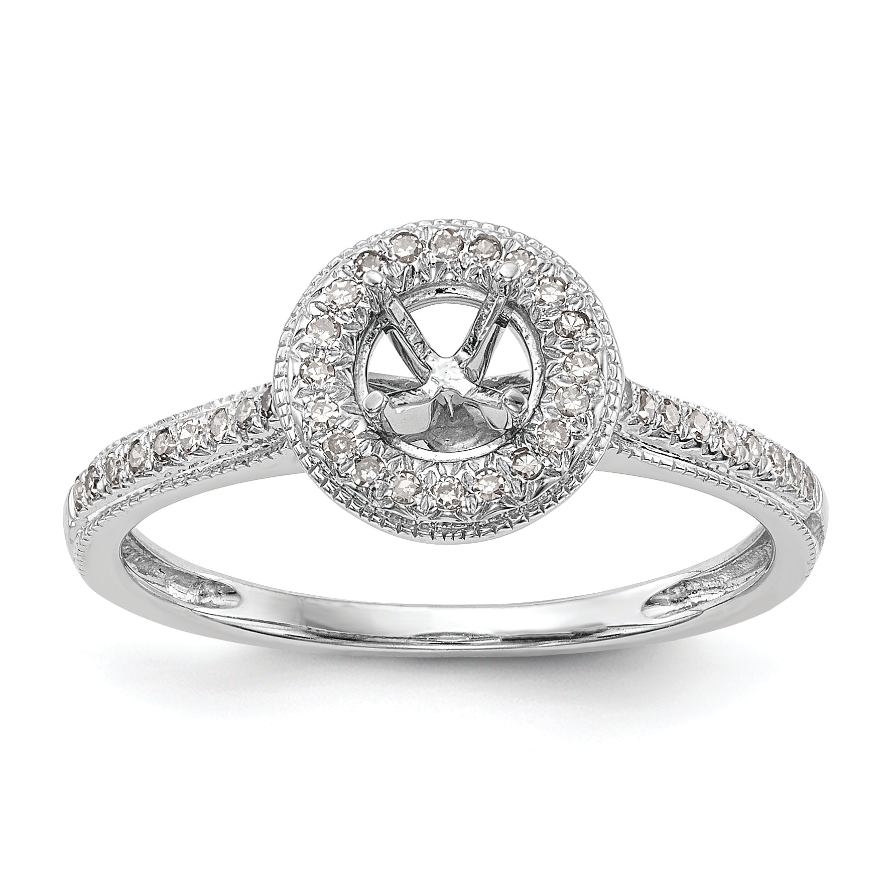 14K White Gold Halo (Holds 1/4 carat (4.00mm) Round Center) 1/10 carat Diamond Semi-Mount Engagement Ring