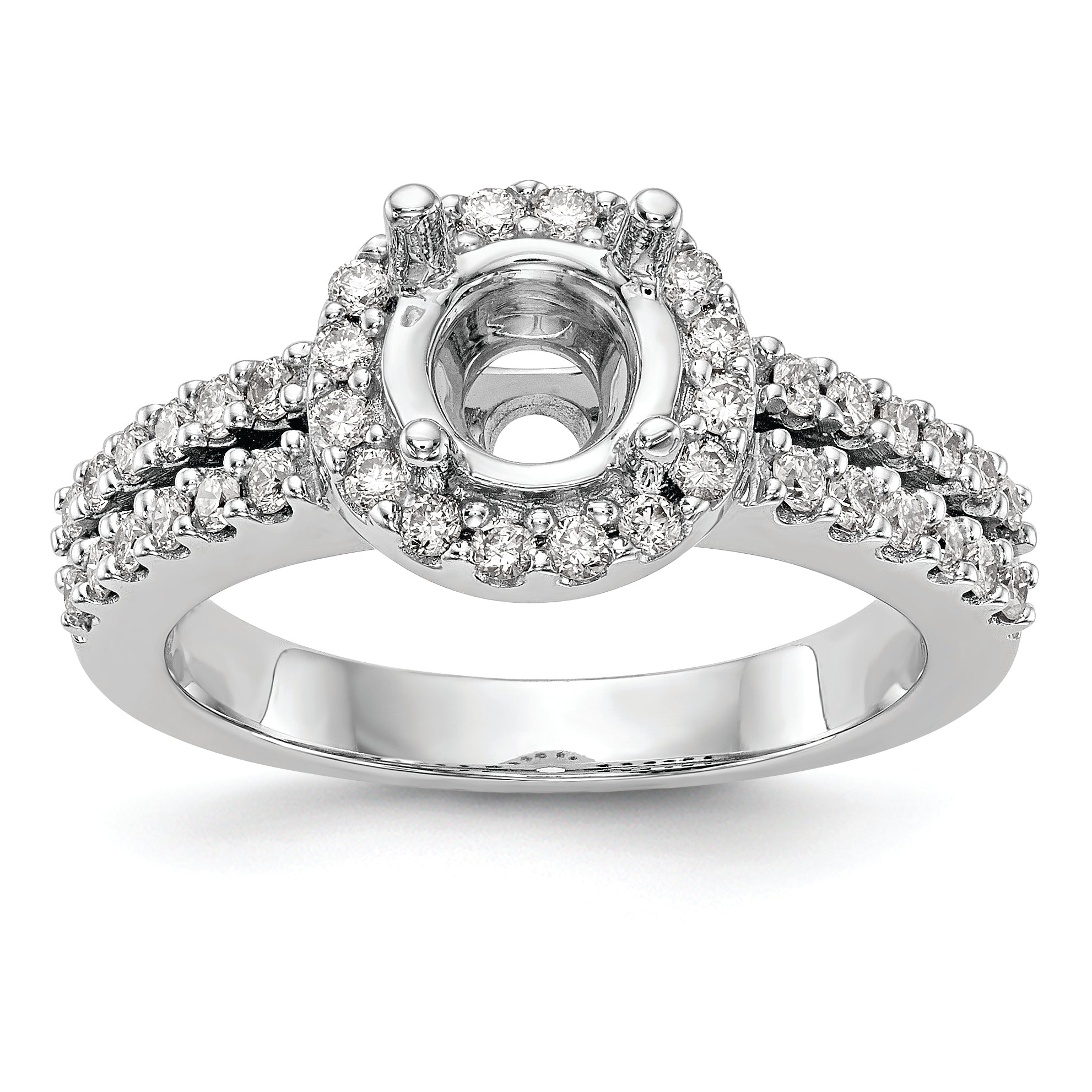 14K White Gold Halo Plus (Holds 1 carat (6.5mm) Round Center) 1/2 carat Diamond Semi-Mount Engagement Ring