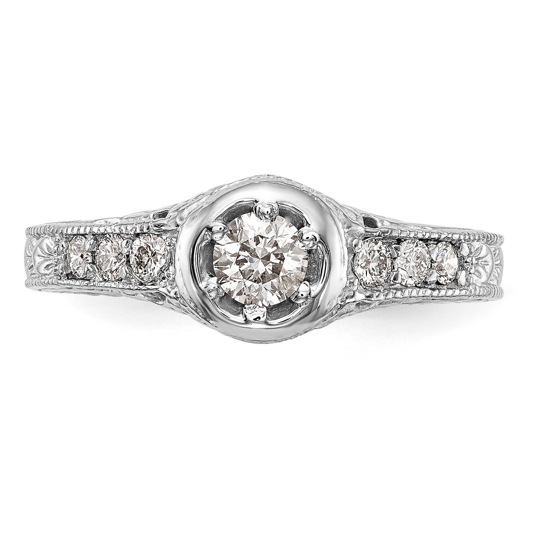 14K White Gold Floral (Holds 1/4 carat (4.00mm) Round Center Bezel) 1/4 carat Diamond Semi-Mount Engagement Ring