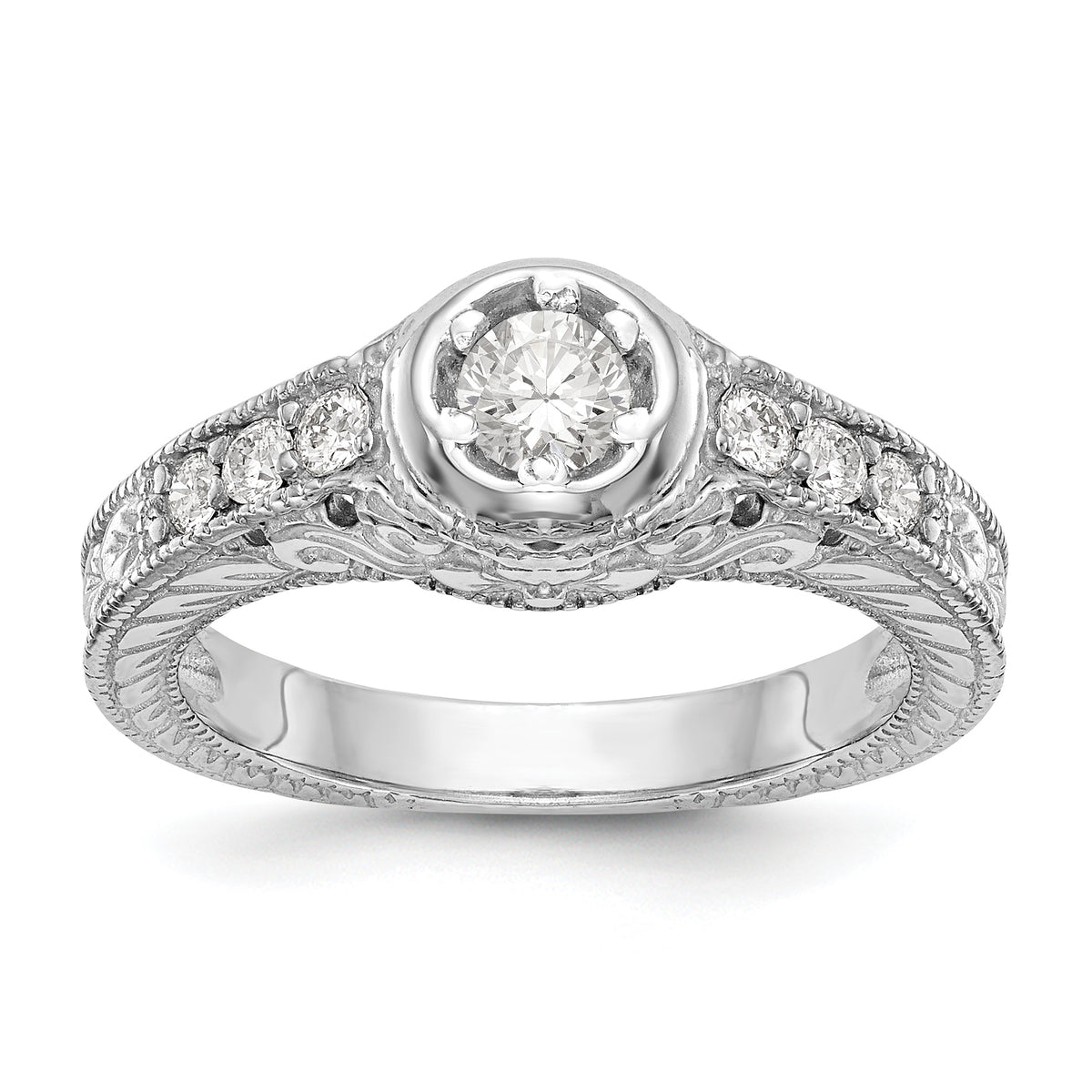 14K White Gold Floral (Holds 1/4 carat (4.00mm) Round Center Bezel) 1/4 carat Diamond Semi-Mount Engagement Ring