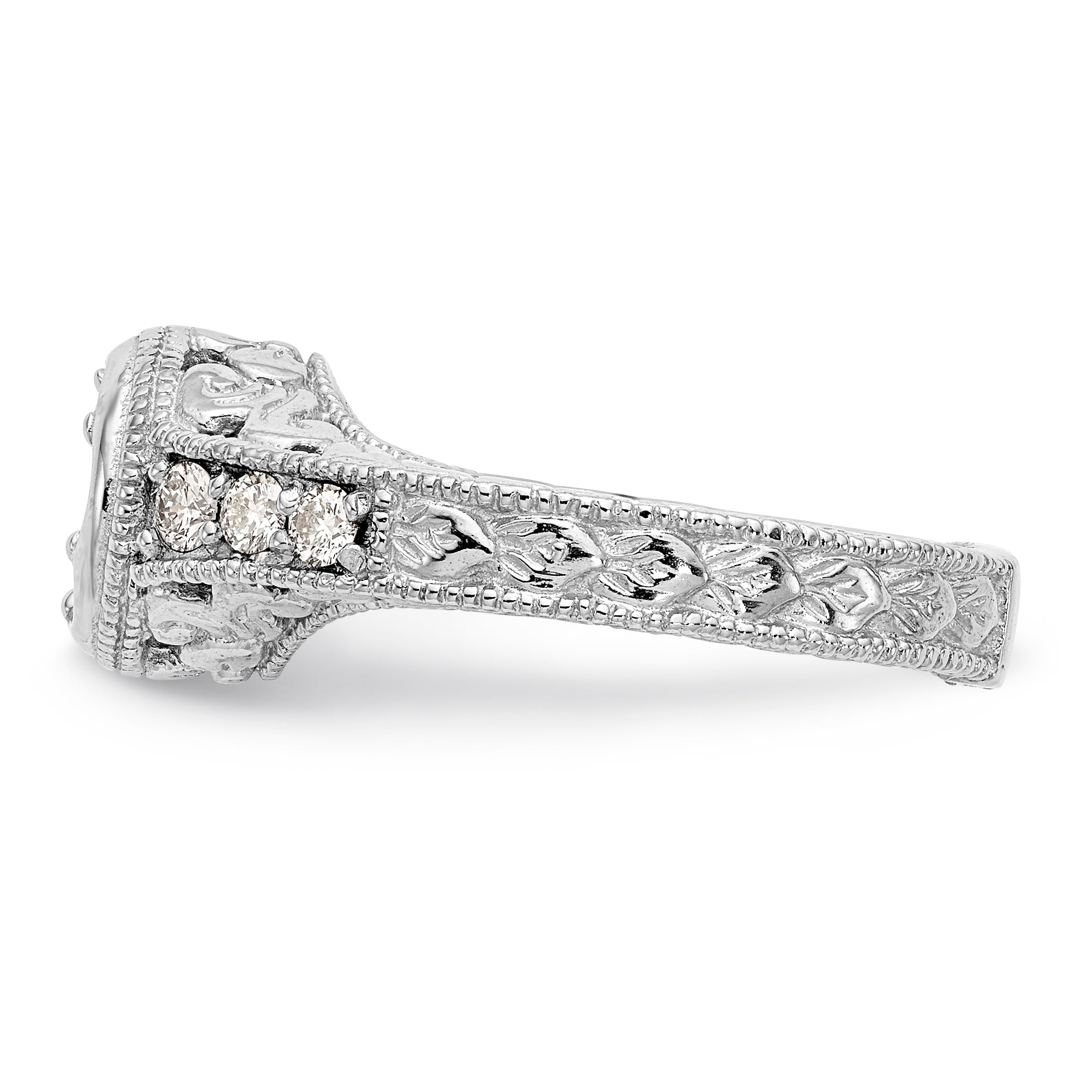 14K White Gold Floral (Holds 1/2 carat (5.00mm) Round Center Bezel) 1/4 carat Diamond Semi-Mount Engagement Ring