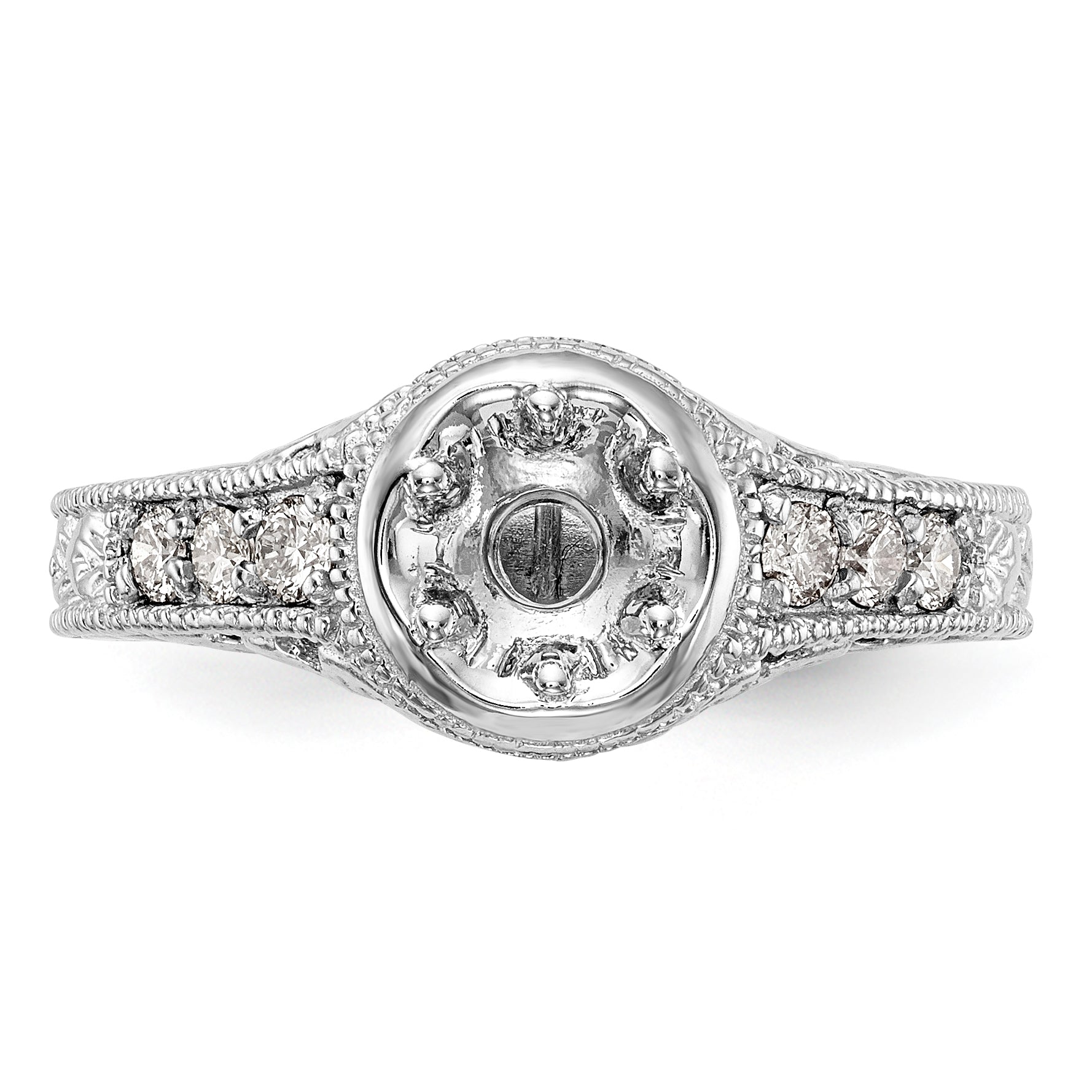 14K White Gold Floral (Holds 1/2 carat (5.00mm) Round Center Bezel) 1/4 carat Diamond Semi-Mount Engagement Ring