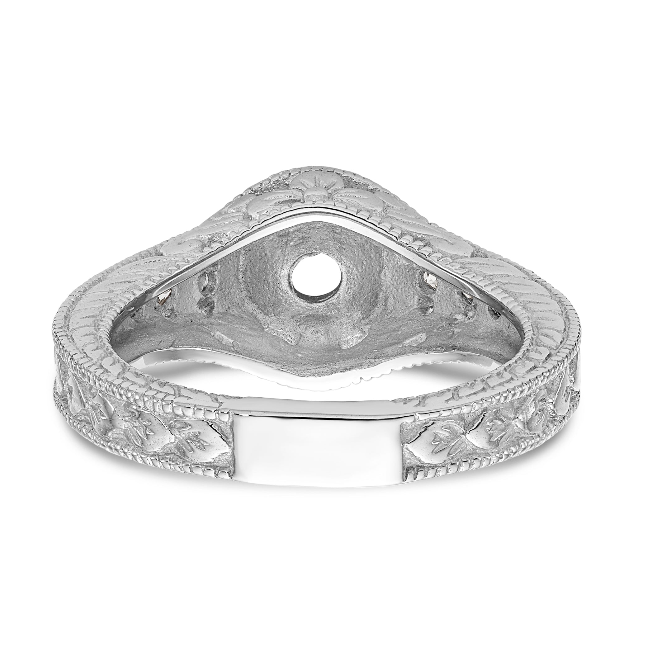 14K White Gold Floral (Holds 1/2 carat (5.00mm) Round Center Bezel) 1/4 carat Diamond Semi-Mount Engagement Ring