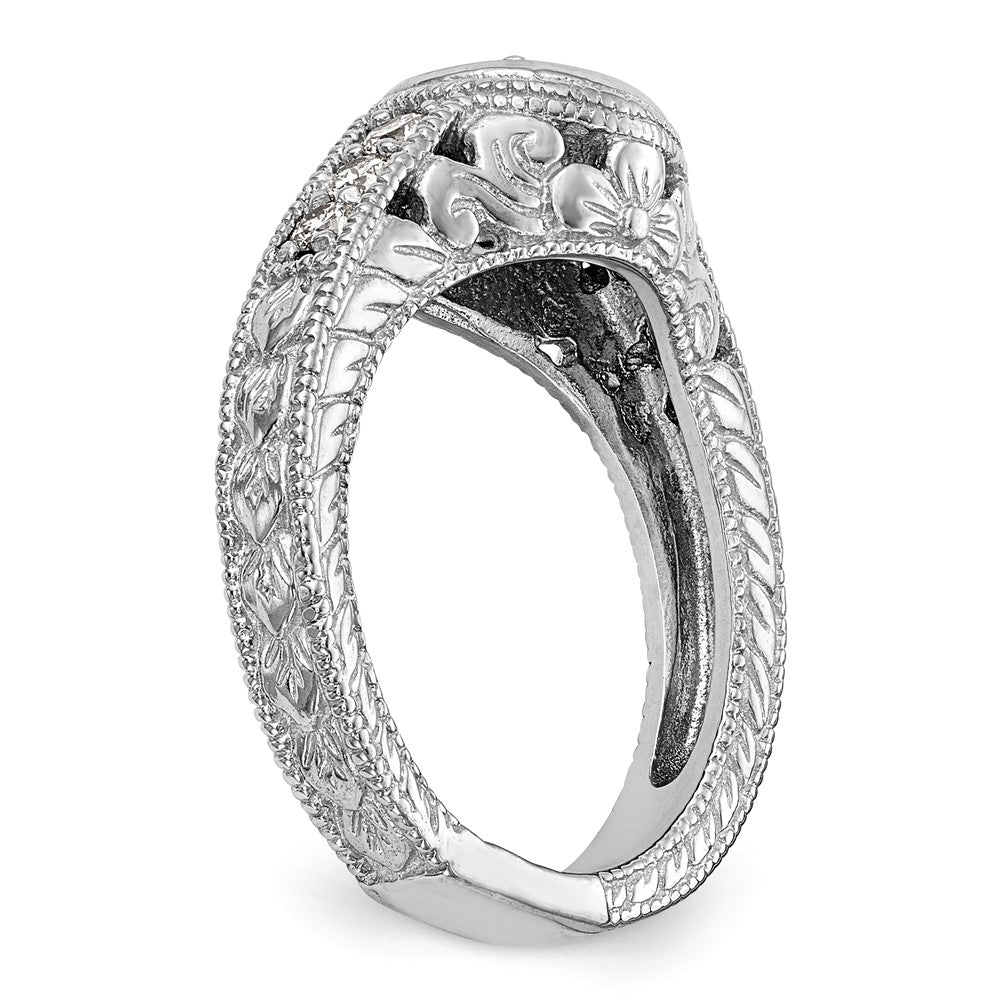 14K White Gold Floral (Holds 1/2 carat (5.00mm) Round Center Bezel) 1/4 carat Diamond Semi-Mount Engagement Ring