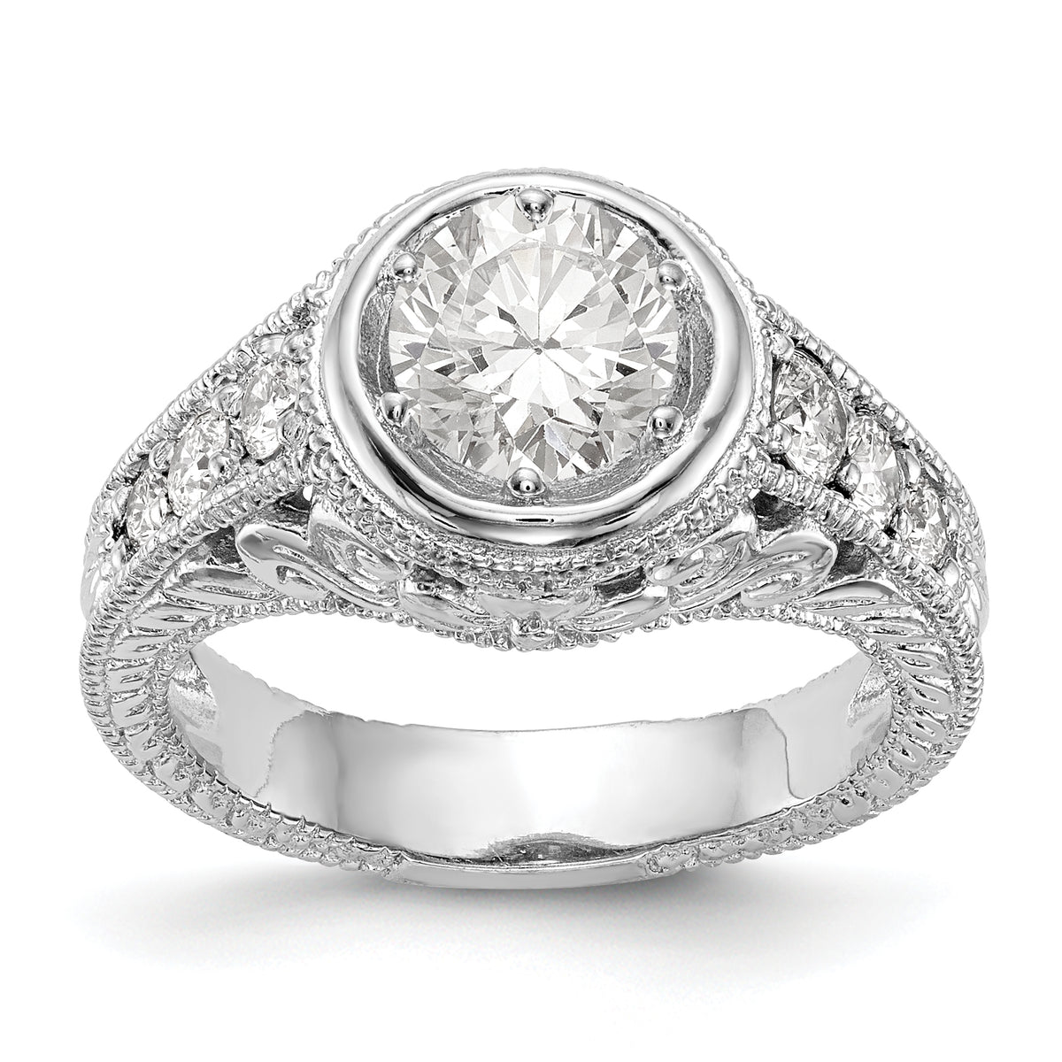 14K White Gold Floral (Holds 5/8 carat (5.7mm) Round Center Bezel) 1/4 carat Diamond Semi-Mount Engagement Ring