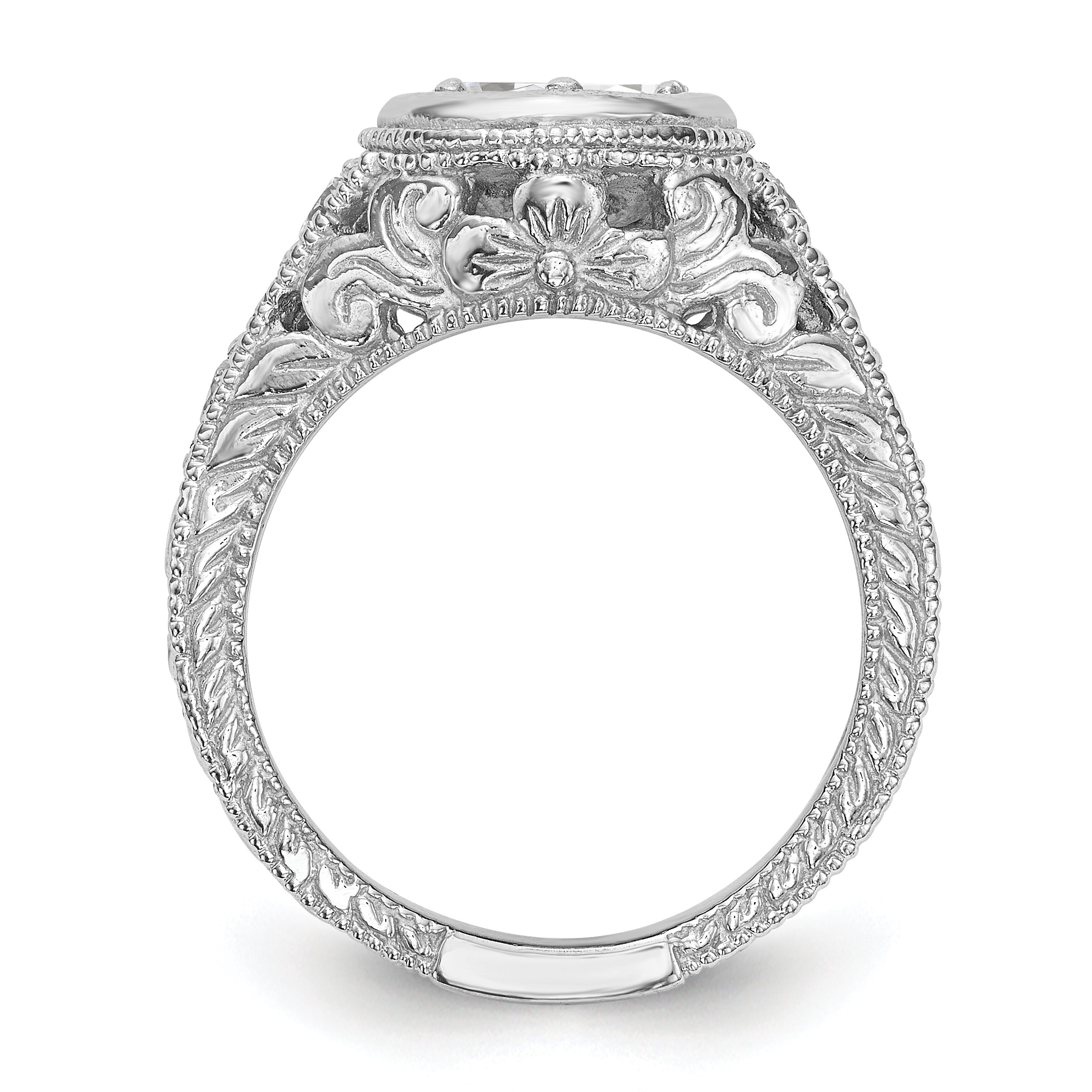 14K White Gold Floral (Holds 3/4 carat (6.00mm) Round Center Bezel) 3/8 carat Diamond Semi-Mount Engagement Ring