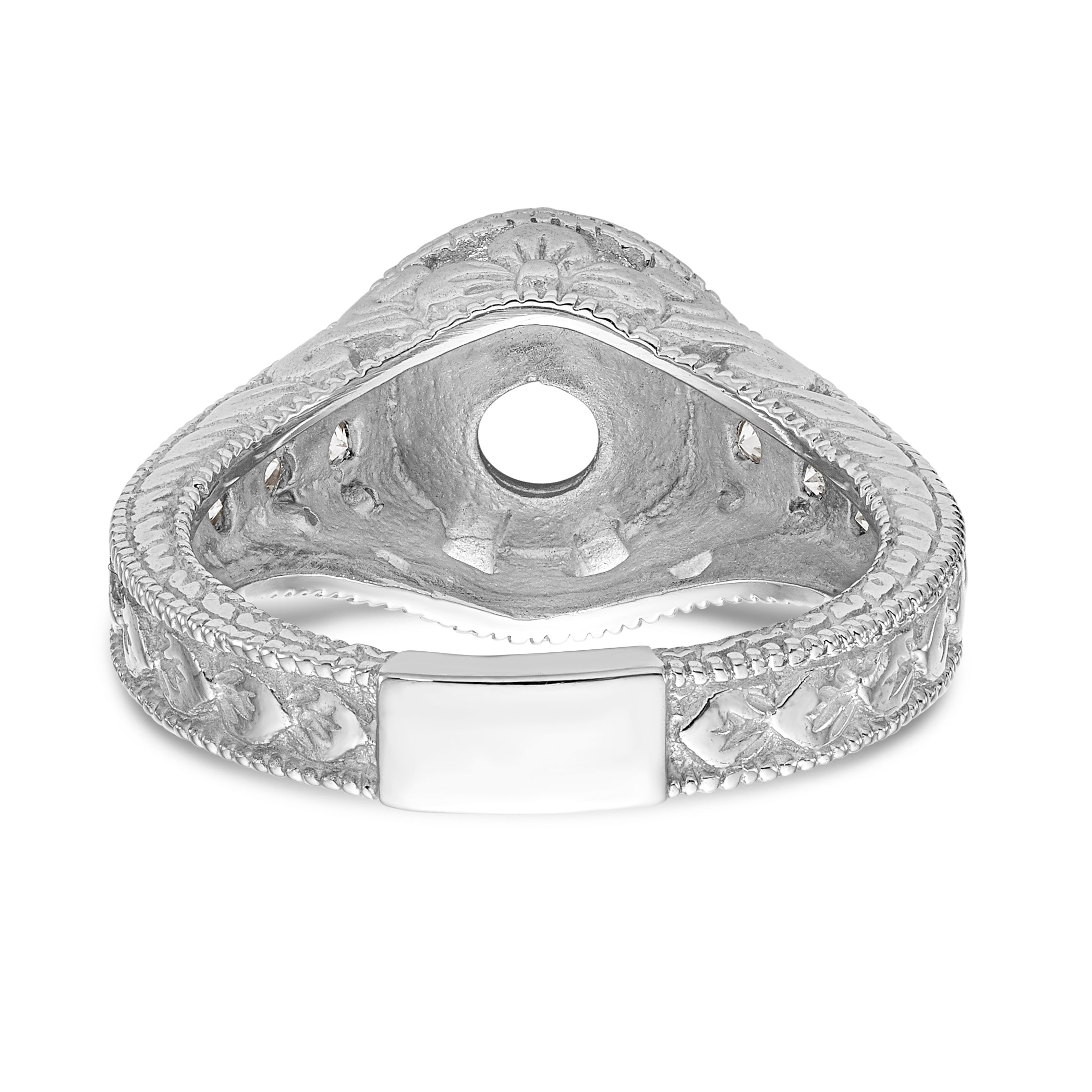 14K White Gold Floral (Holds 3/4 carat (6.00mm) Round Center Bezel) 3/8 carat Diamond Semi-Mount Engagement Ring