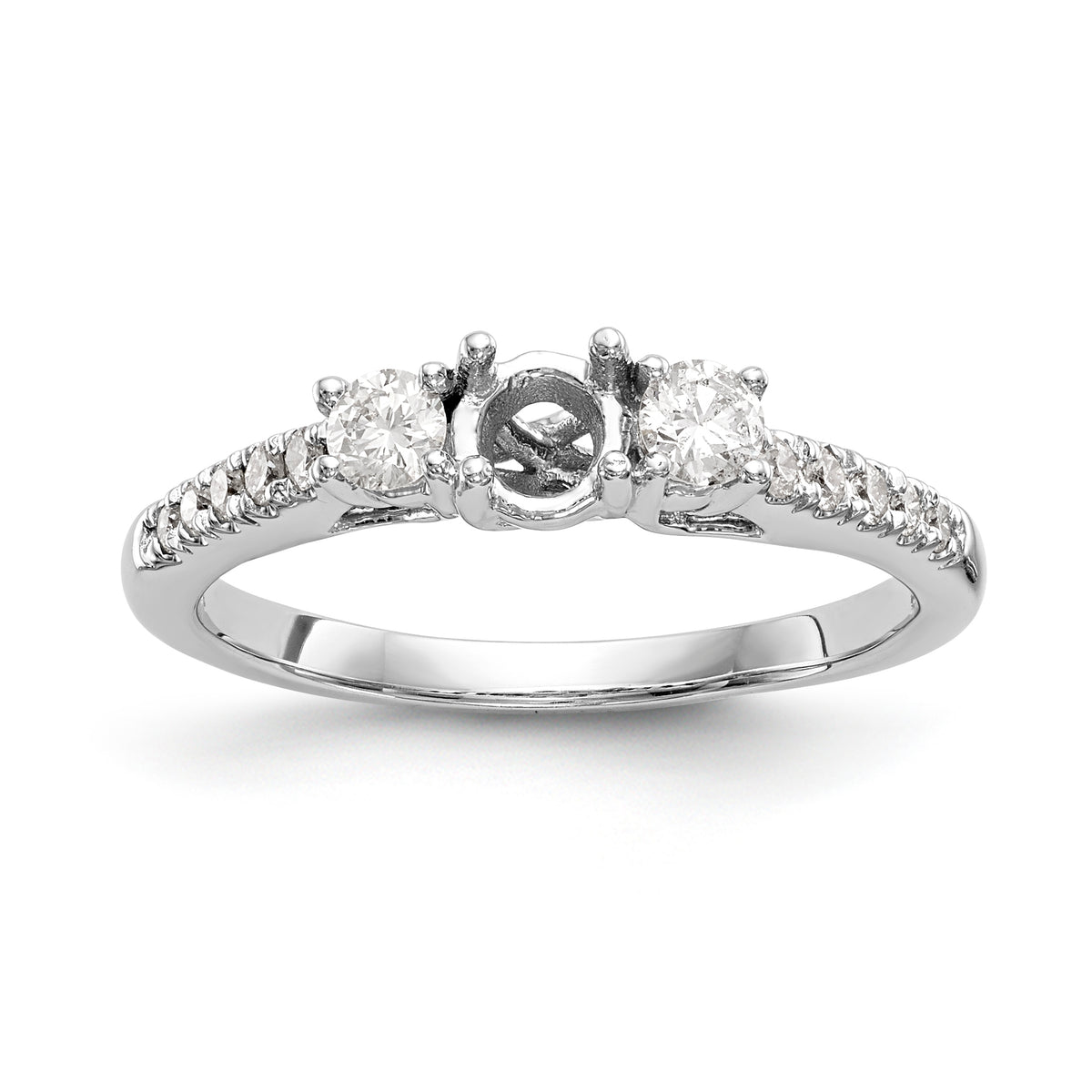 14K White Gold 3-Stone Plus (Holds 1/3 carat (4.5mm) Round Center) Diamond Semi-Mount Engagement Ring