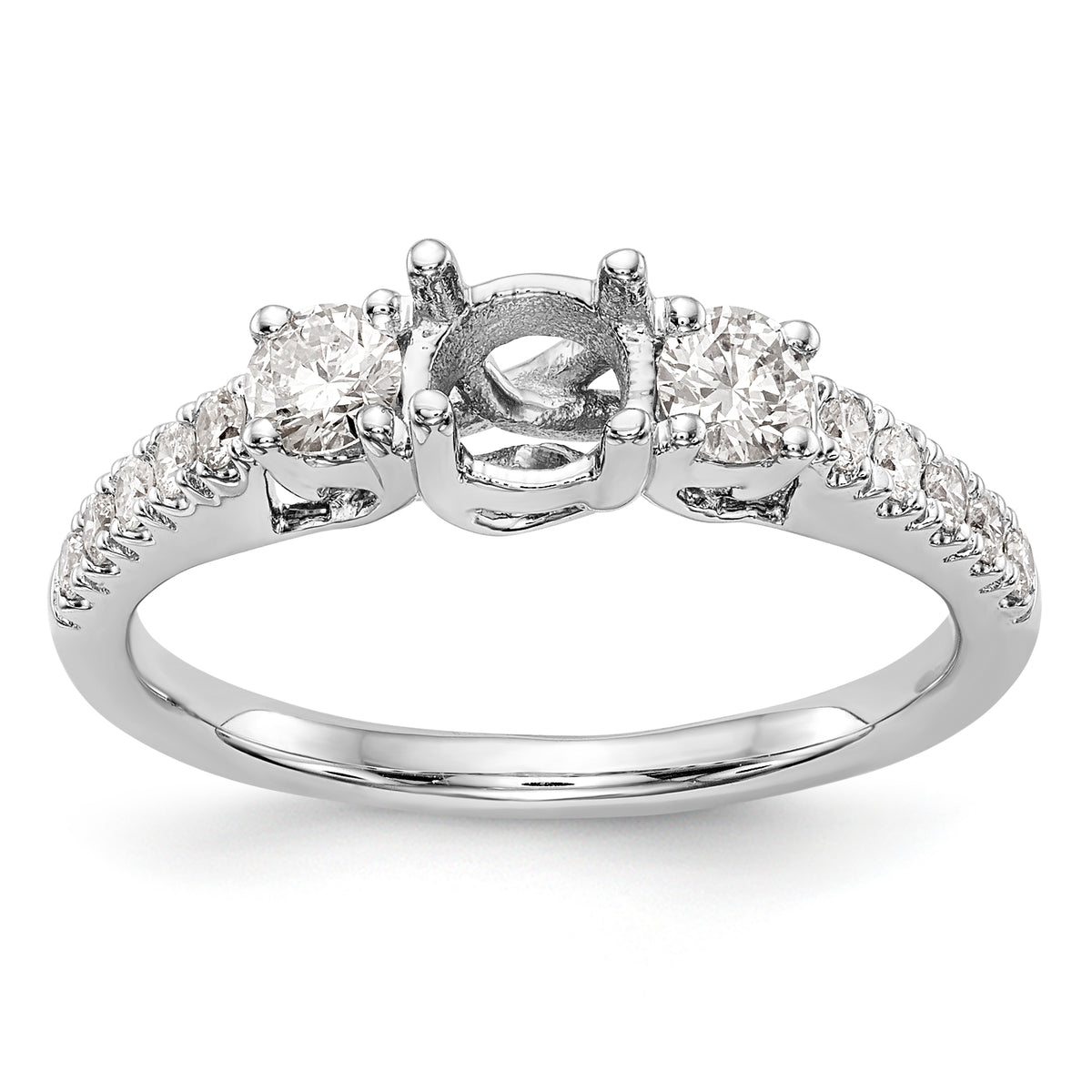 14K White Gold 3-Stone Plus (Holds 1/2 carat (5.2mm) Round Center) Diamond Semi-Mount Engagement Ring