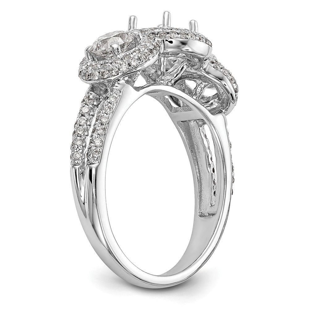 14K White Gold 3-Stone Plus (Holds 5/8 carat (5.5mm) Round Center and (2-4.5mm) Round Sides) Diamond Halo Semi-Mount Engagement Ring