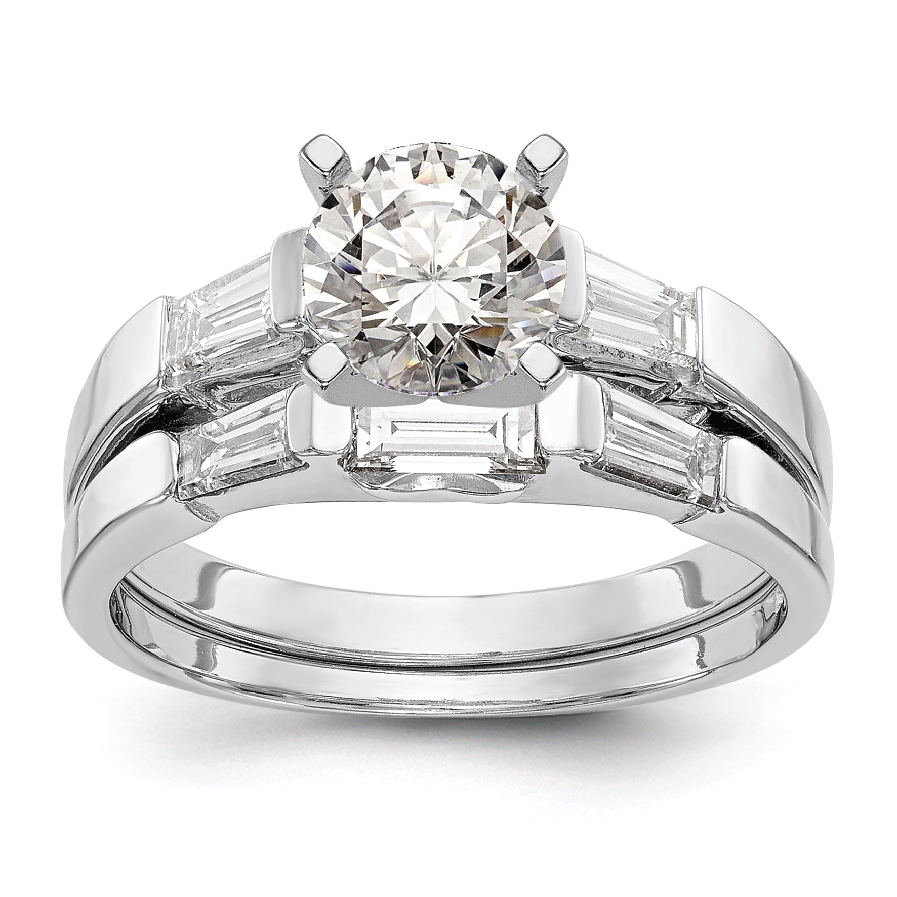 14K White Gold 3-Stone Diamond Peg Set Includes 2-Baquette Side Stones Engagement Ring, No Head