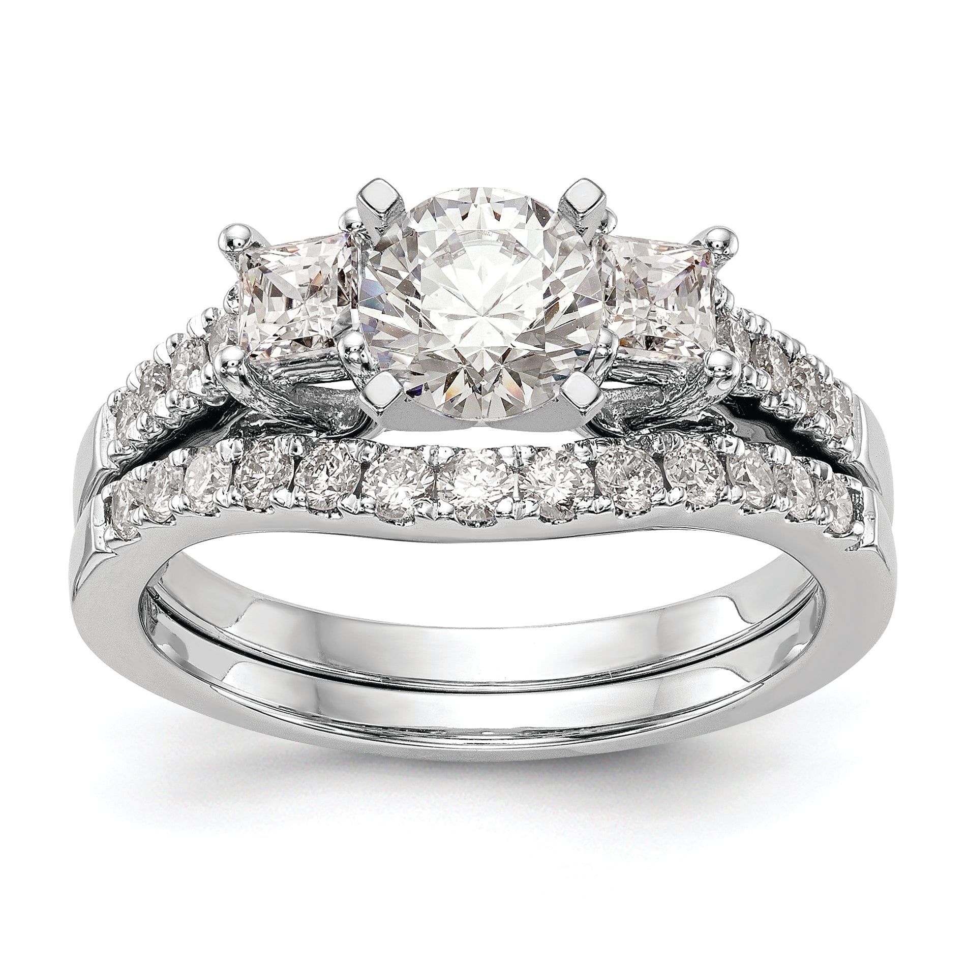 14K White Gold 3-Stone Plus Peg Set Center Princess Diamond Semi-mount Engagement Ring