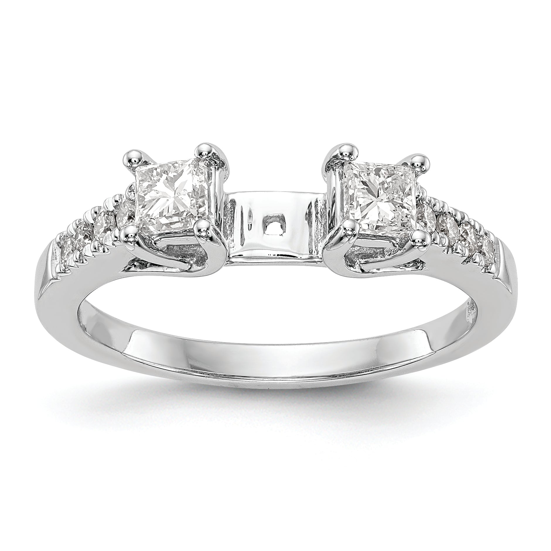 14K White Gold 3-Stone Plus Peg Set Center Princess Diamond Semi-mount Engagement Ring