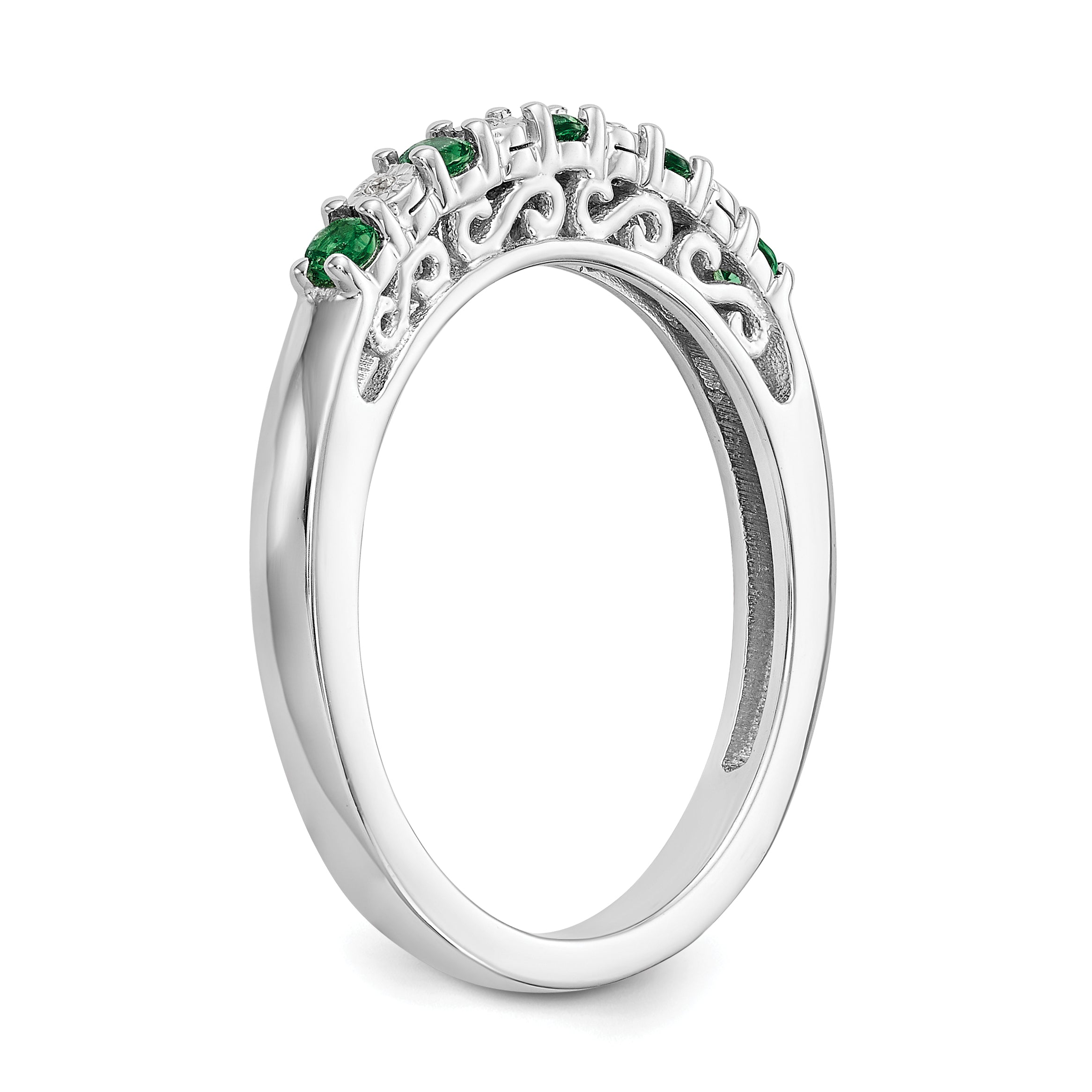 14k White Gold .01 carat Diamond and Emerald Complete Band