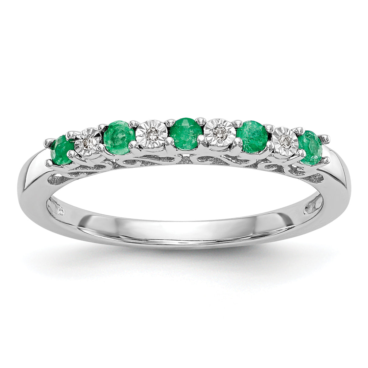 14k White Gold .01 carat Diamond and Emerald Complete Band