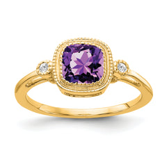 14k Cushion Amethyst and Diamond Ring