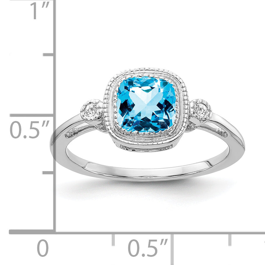 14k White Gold Cushion Blue Topaz and Diamond Ring