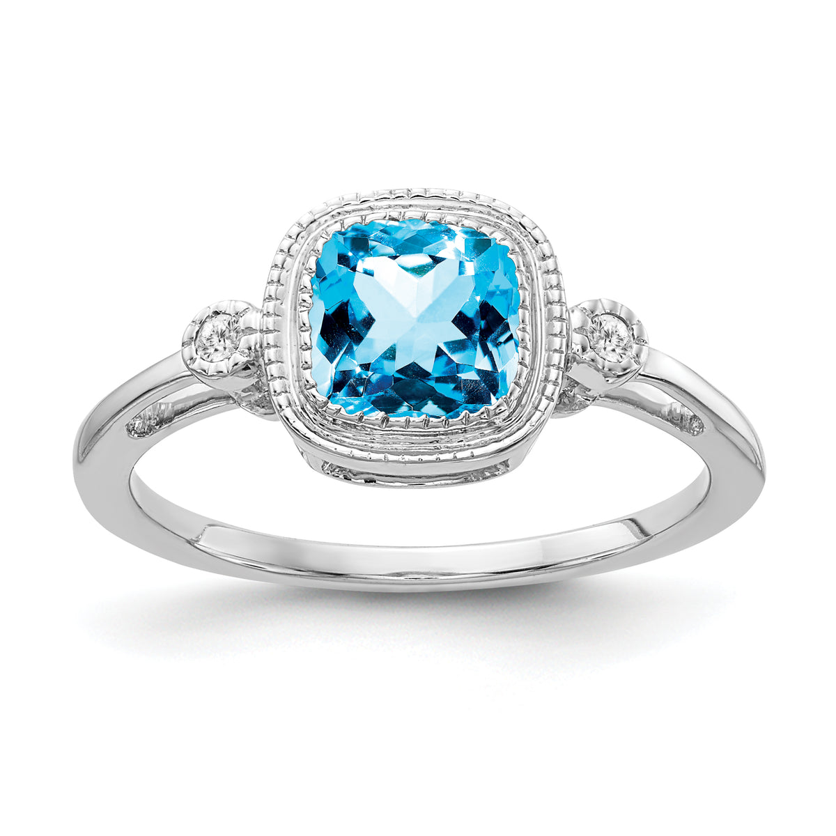 14k White Gold Cushion Blue Topaz and Diamond Ring