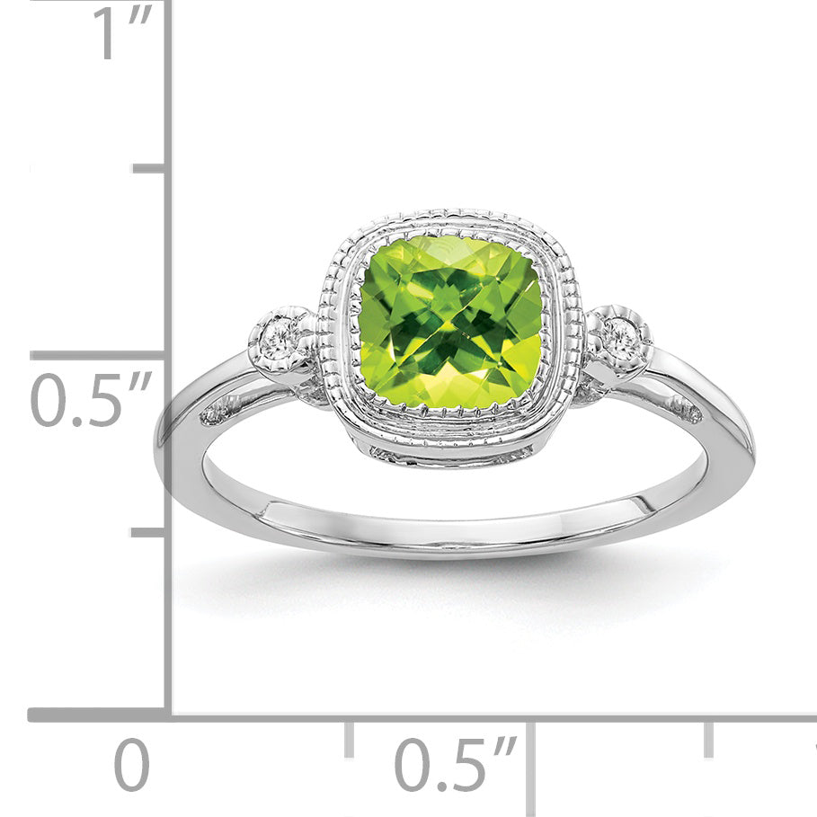 14k White Gold Cushion Peridot and Diamond Ring