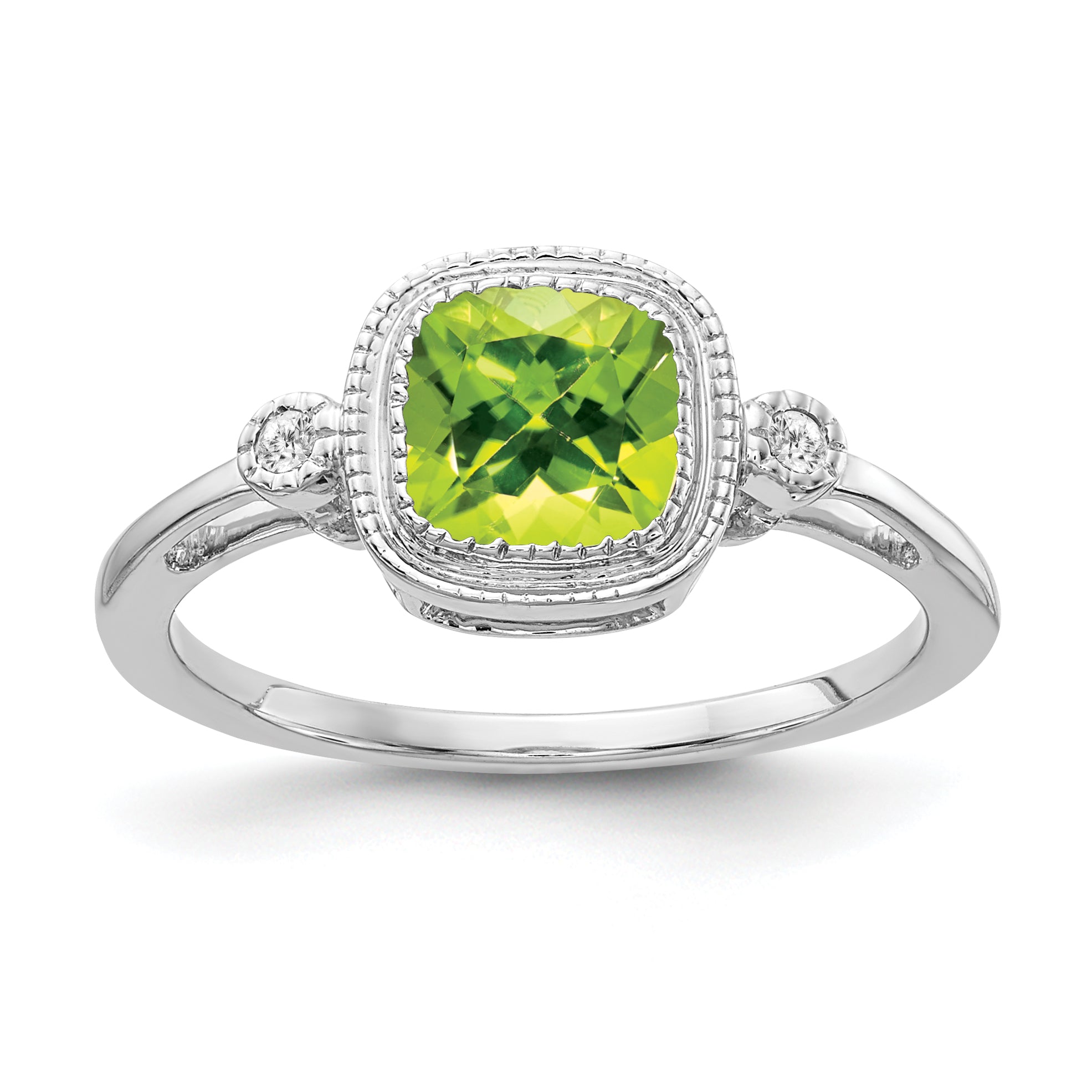 14k White Gold Cushion Peridot and Diamond Ring