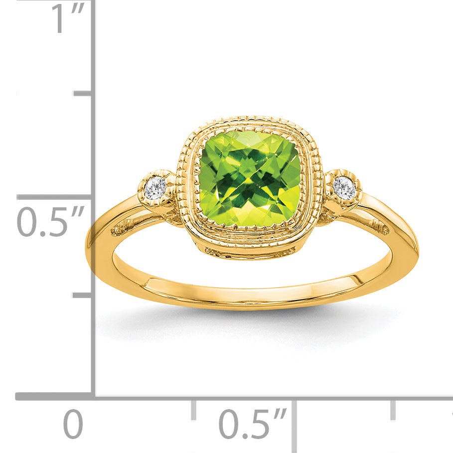 14k Cushion Peridot and Diamond Ring