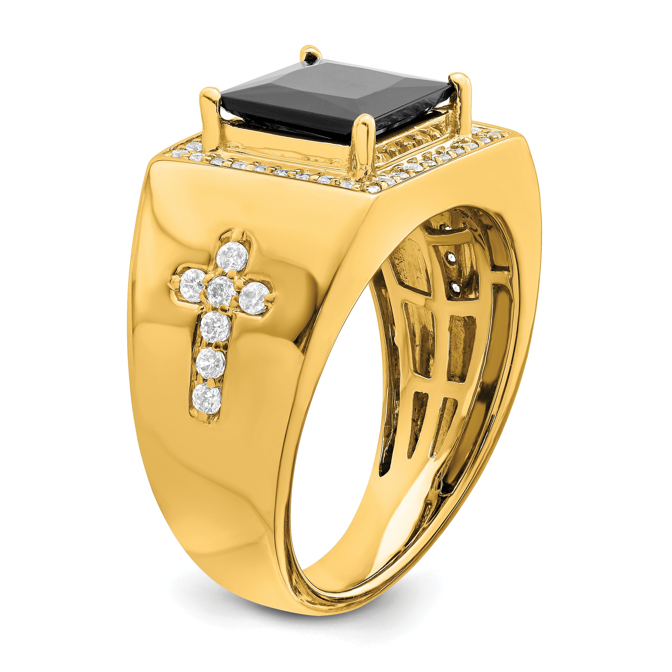 14K Lab Grown Diamond and Onyx Side Crosses Men's Ring