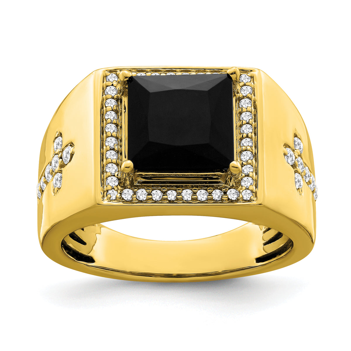 14K Lab Grown Diamond and Onyx Side Crosses Men's Ring