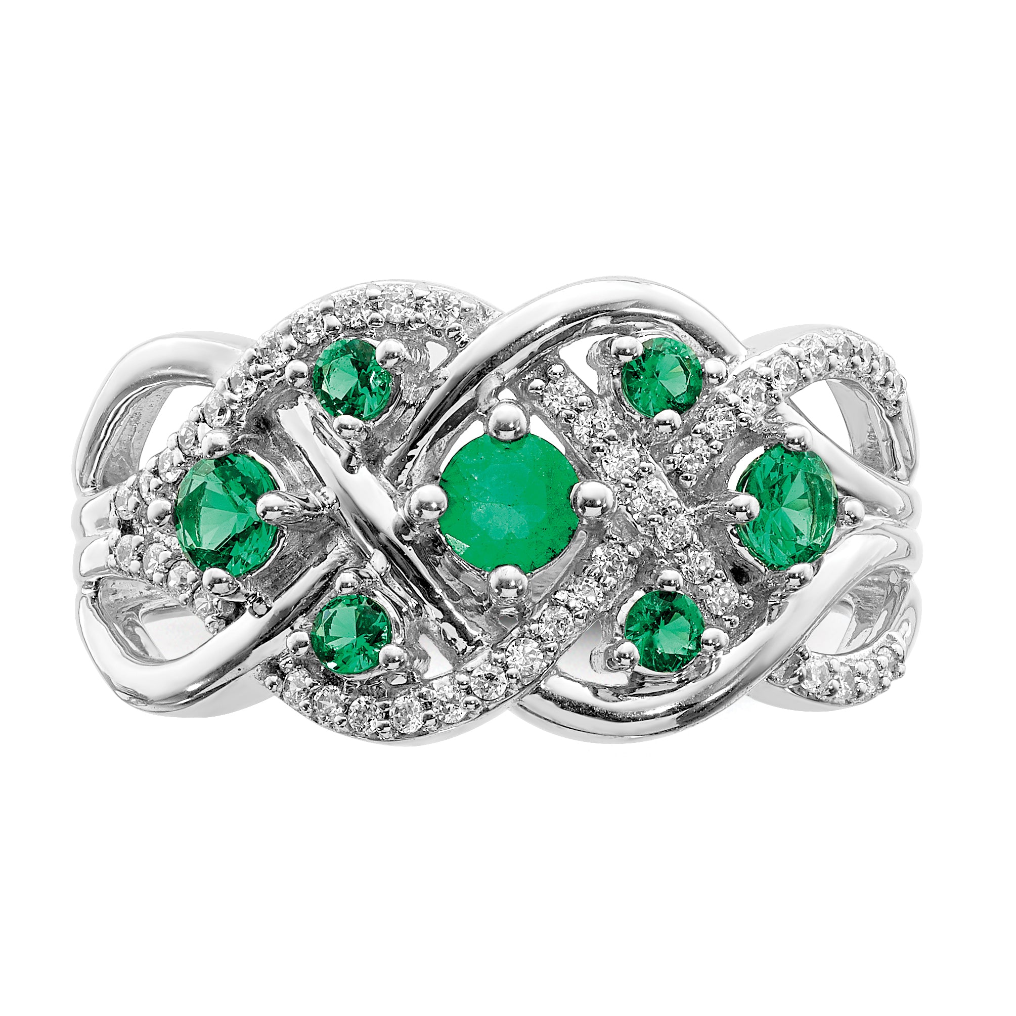 14k White Gold Diamond and Emerald Fancy Ring