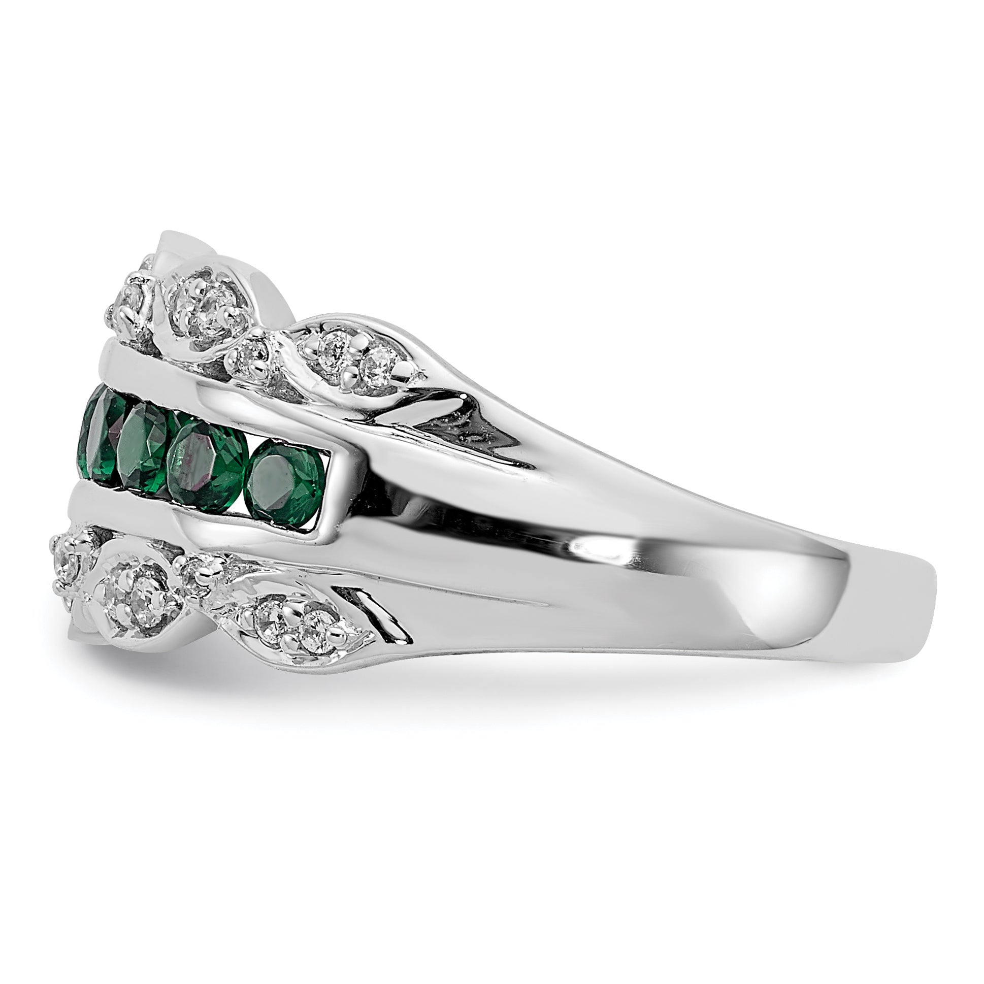 14K White Gold Lab Grown Diamond and Created Emerald Fancy Ring