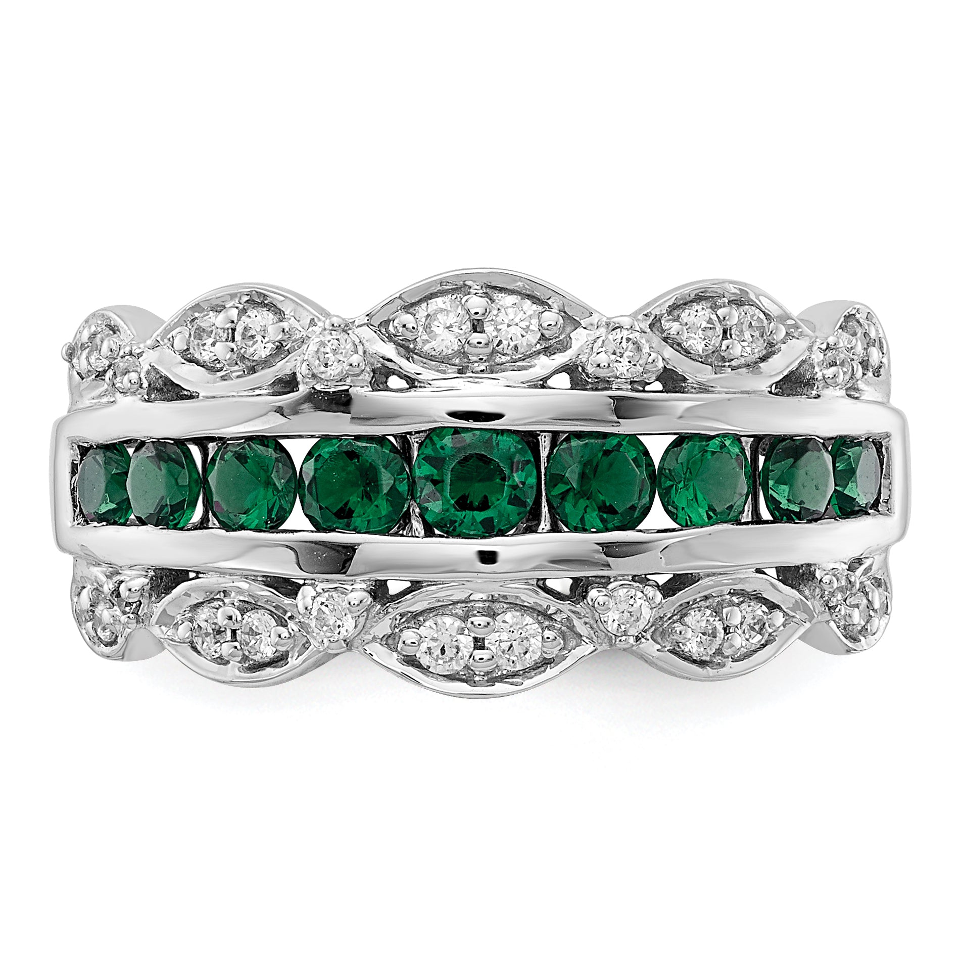 14K White Gold Lab Grown Diamond and Created Emerald Fancy Ring