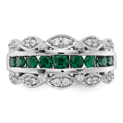 14K White Gold Lab Grown Diamond and Created Emerald Fancy Ring