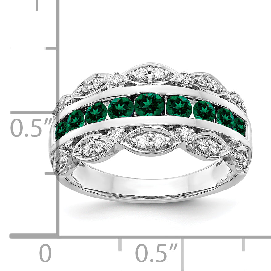 14K White Gold Lab Grown Diamond and Created Emerald Fancy Ring