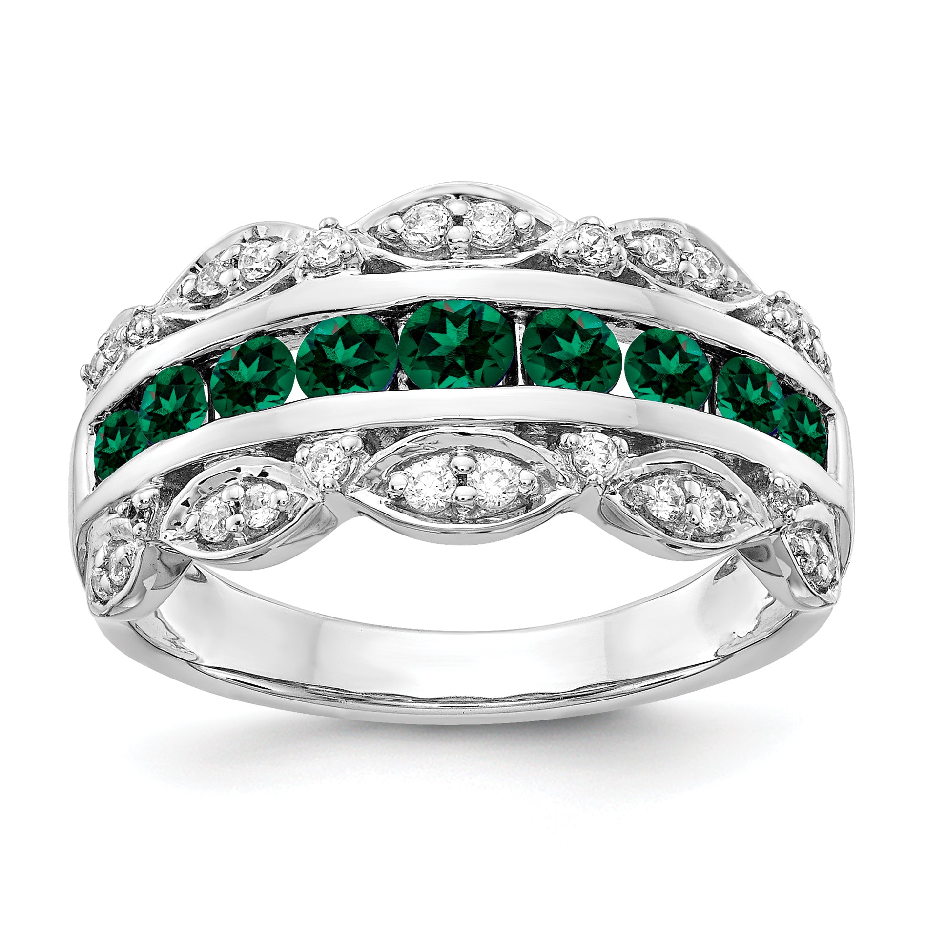 14K White Gold Lab Grown Diamond and Created Emerald Fancy Ring