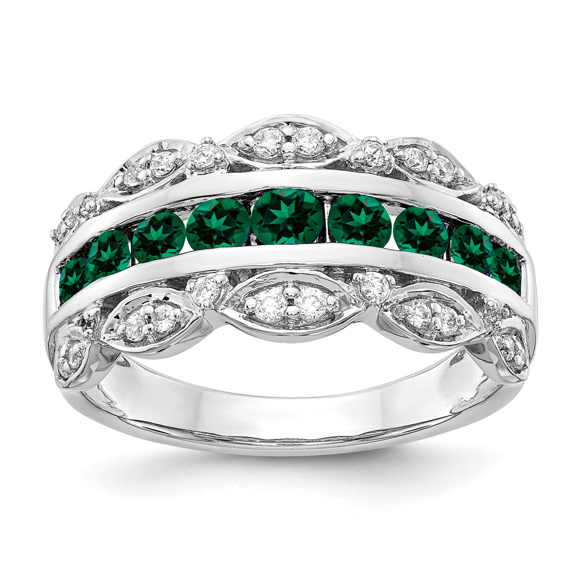 14K White Gold Lab Grown Diamond and Created Emerald Fancy Ring