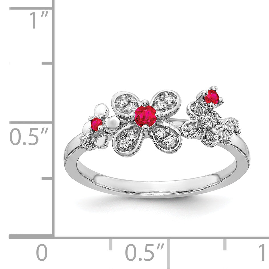 14k White Gold Diamond and Ruby Flower Ring