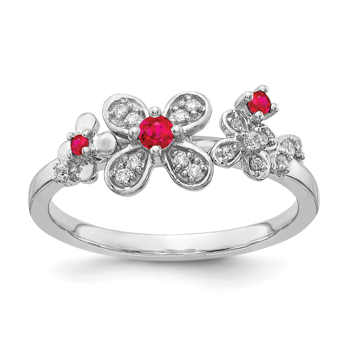 14k White Gold Diamond and Ruby Flower Ring