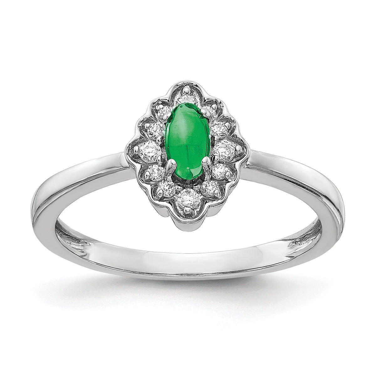 14k White Gold Diamond and Oval Cabochon Emerald Ring