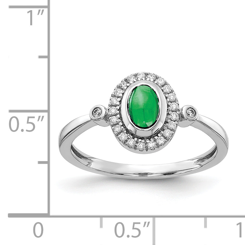 14k White Gold Diamond and Oval Cabochon Emerald Halo Ring