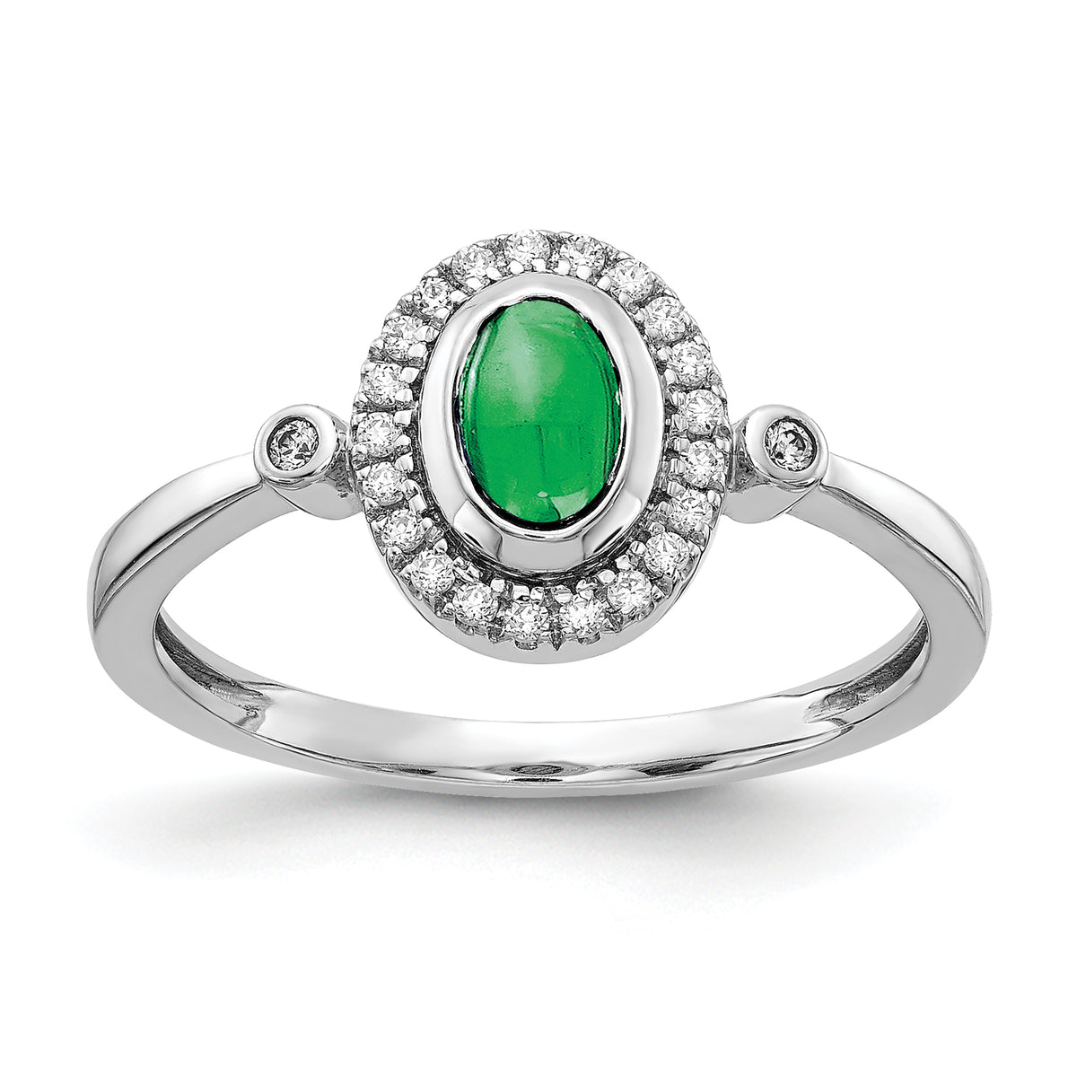 14k White Gold Diamond and Oval Cabochon Emerald Halo Ring