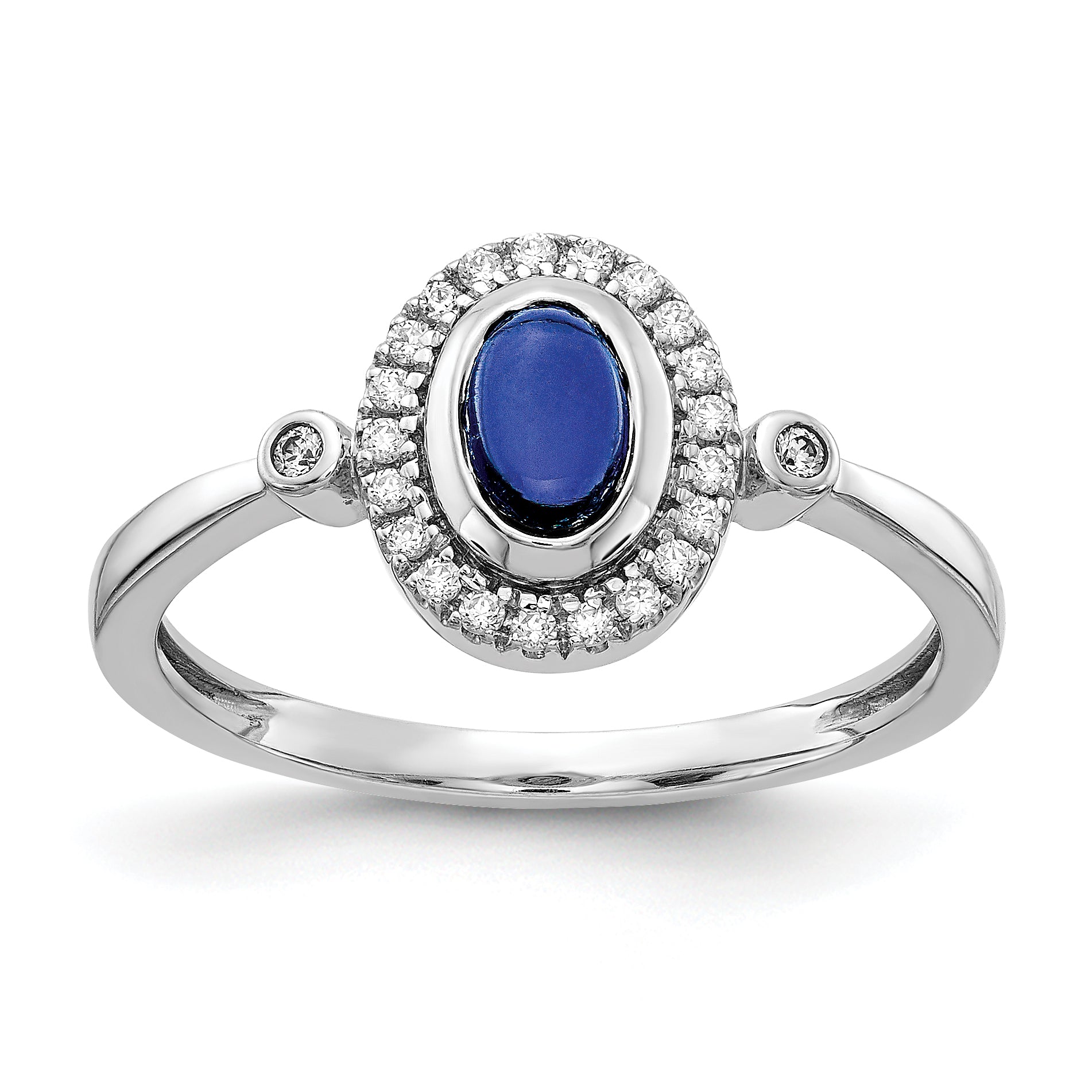 14k White Gold Diamond and Oval Cabochon Sapphire Halo Ring