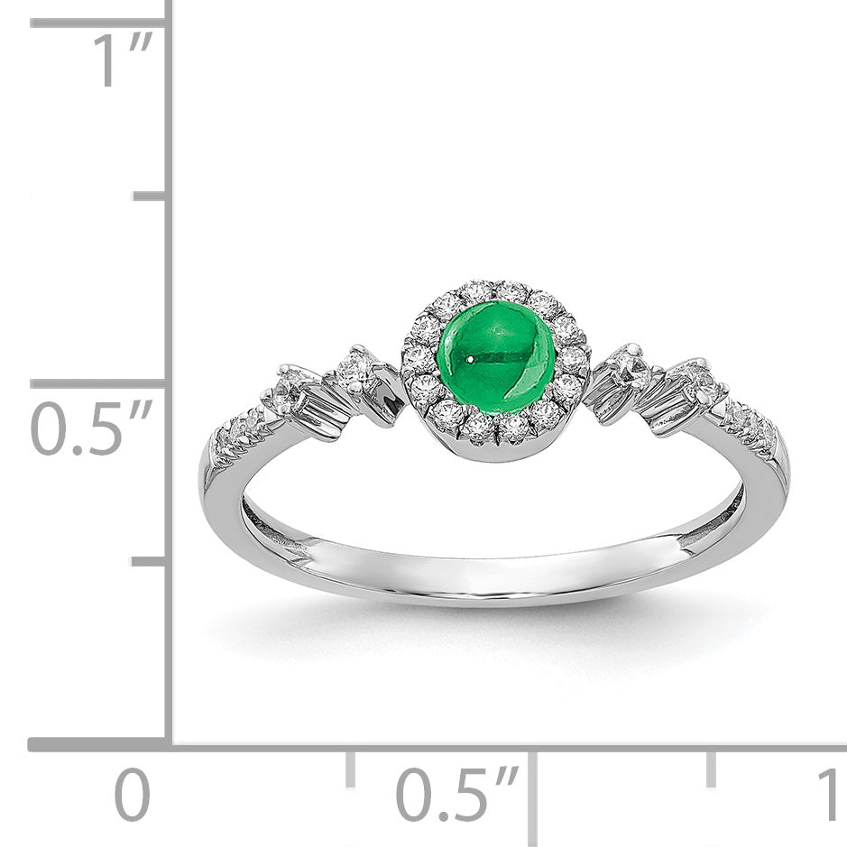 14k White Gold Diamond and Cabochon Emerald Halo Ring