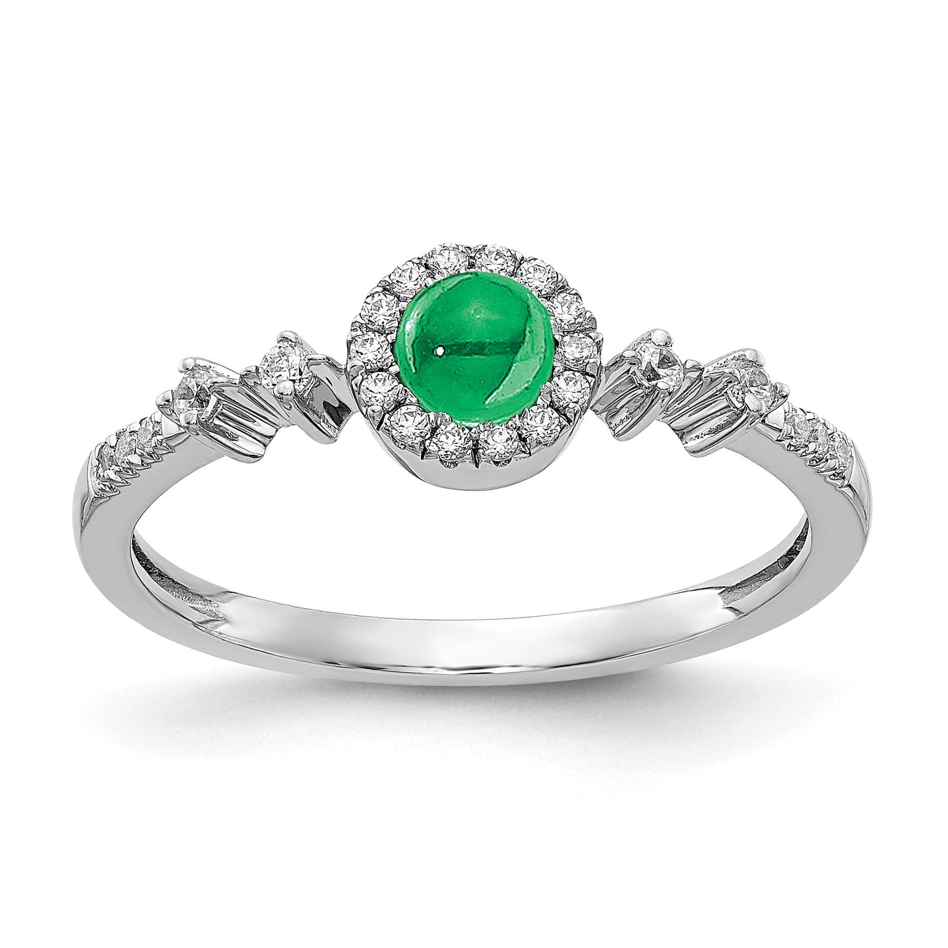 14k White Gold Diamond and Cabochon Emerald Halo Ring