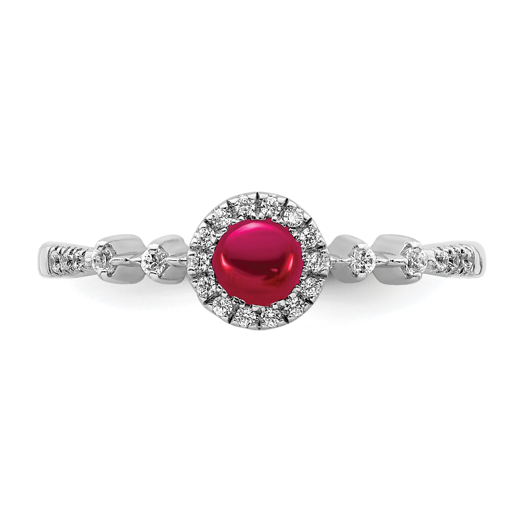 14k White Gold Diamond and Cabochon Ruby Halo Ring