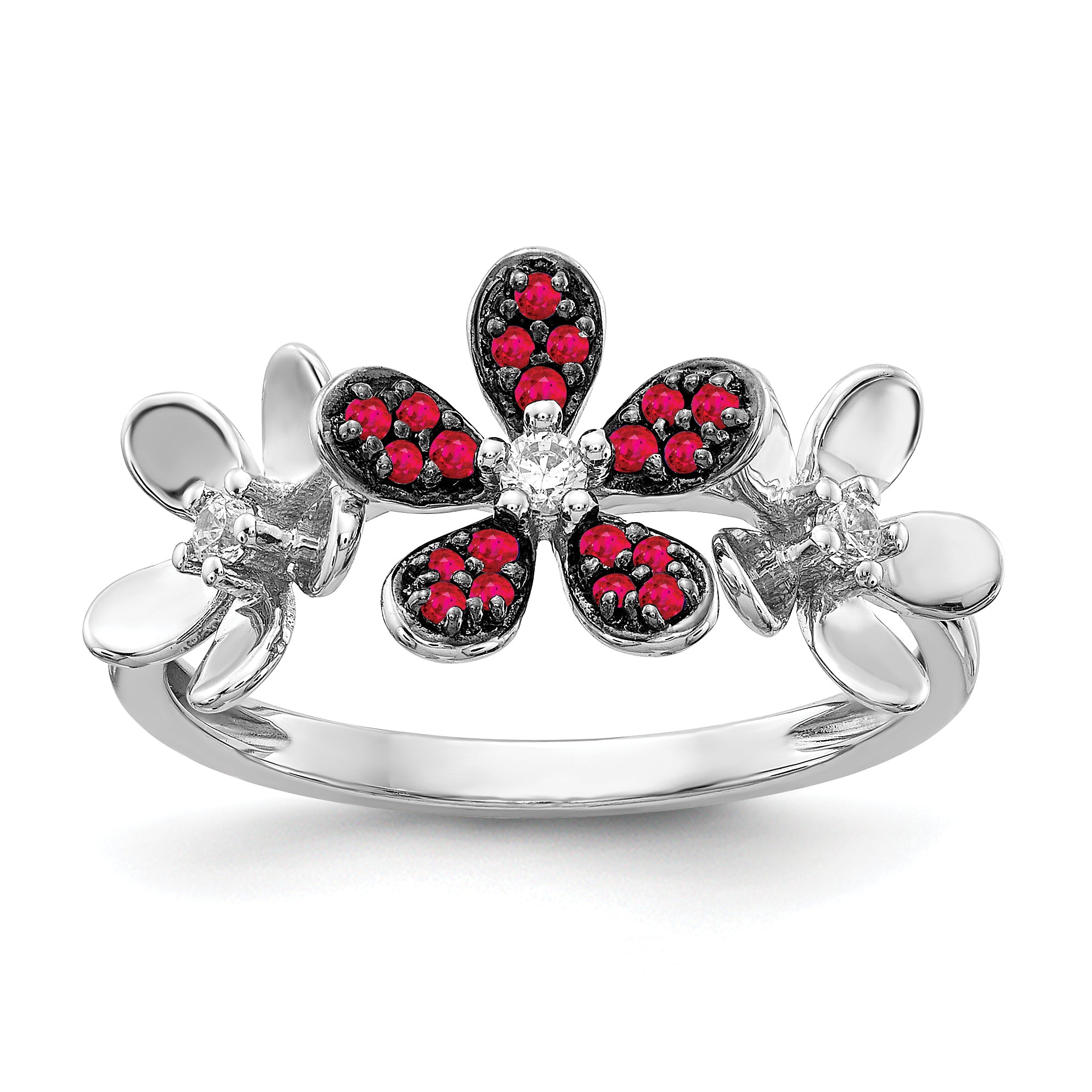 14k White Gold Diamond and Ruby Flower Ring