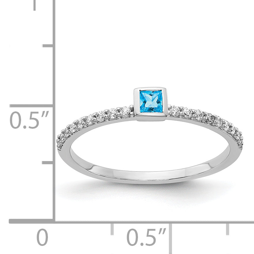 14k White Gold Diamond and Princess Blue Topaz Ring