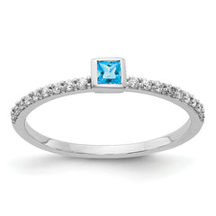 14k White Gold Diamond and Princess Blue Topaz Ring