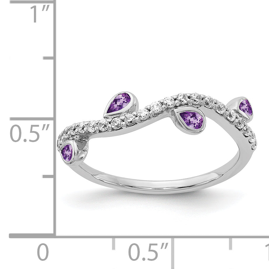 14k White Gold Diamond and Pear Amethyst Curved Ring